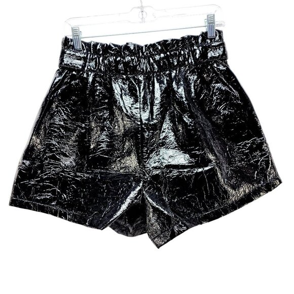 Shiny Black Faux Leather High-Waisted Shorts With Button Details Size L - Picture 2 of 8